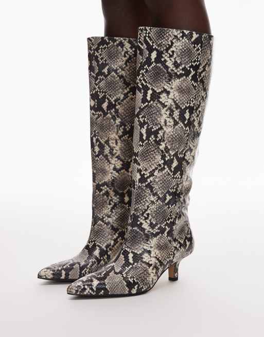 & Other Stories real leather high heeled knee boots with suede lining in reptile snake print, 2 of 4