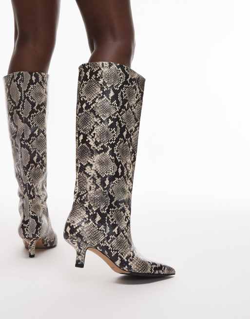 & Other Stories real leather high heeled knee boots with suede lining in reptile snake print, 4 of 4