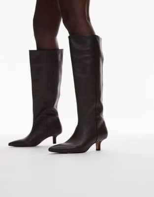 &  real leather knee high heeled boots with suede lining in dark brown