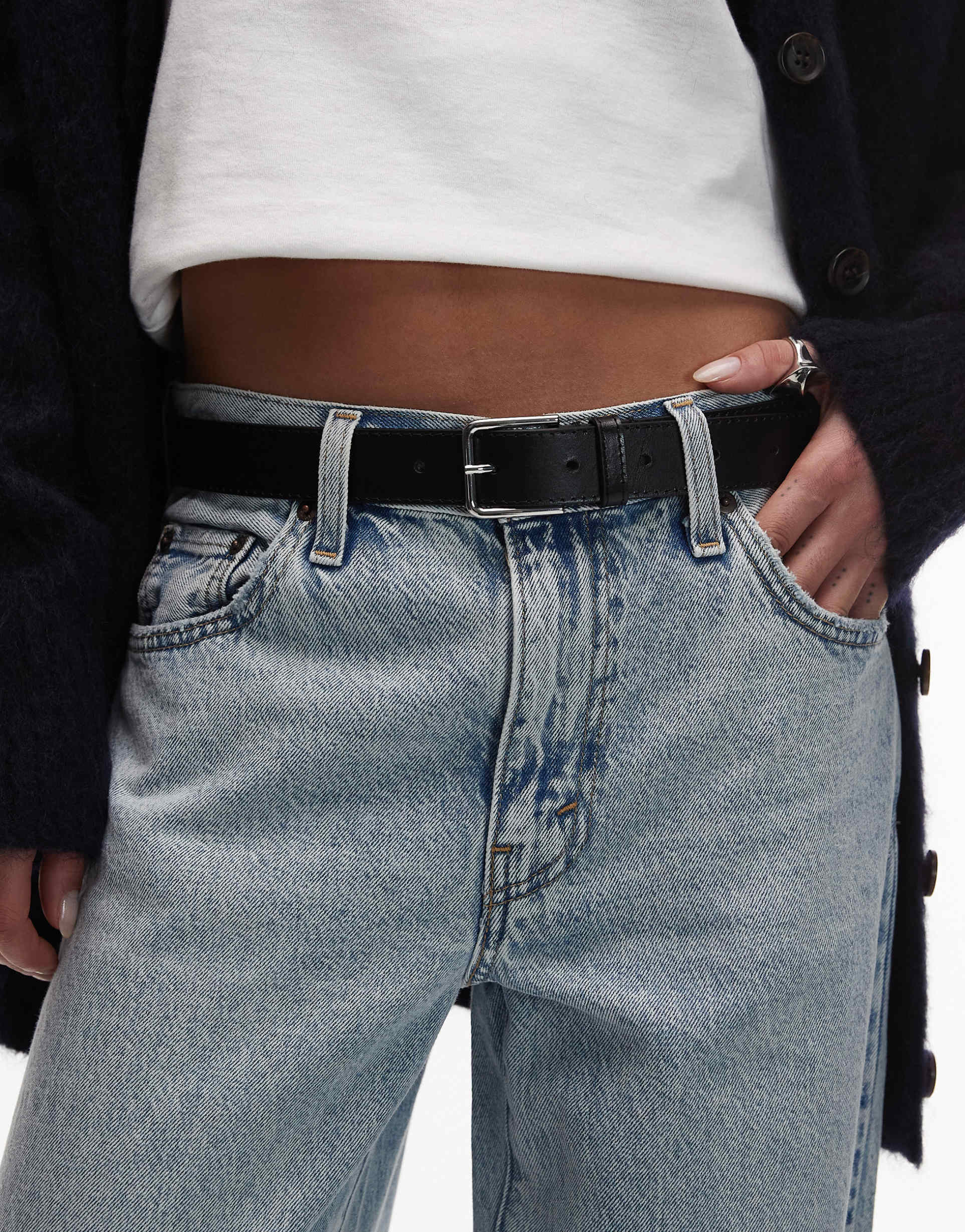 & other stories real leather square buckle belt in black