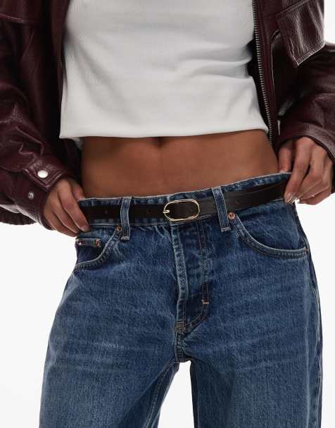 & Other Stories real leather thin belt with gold buckle in brown - view 1