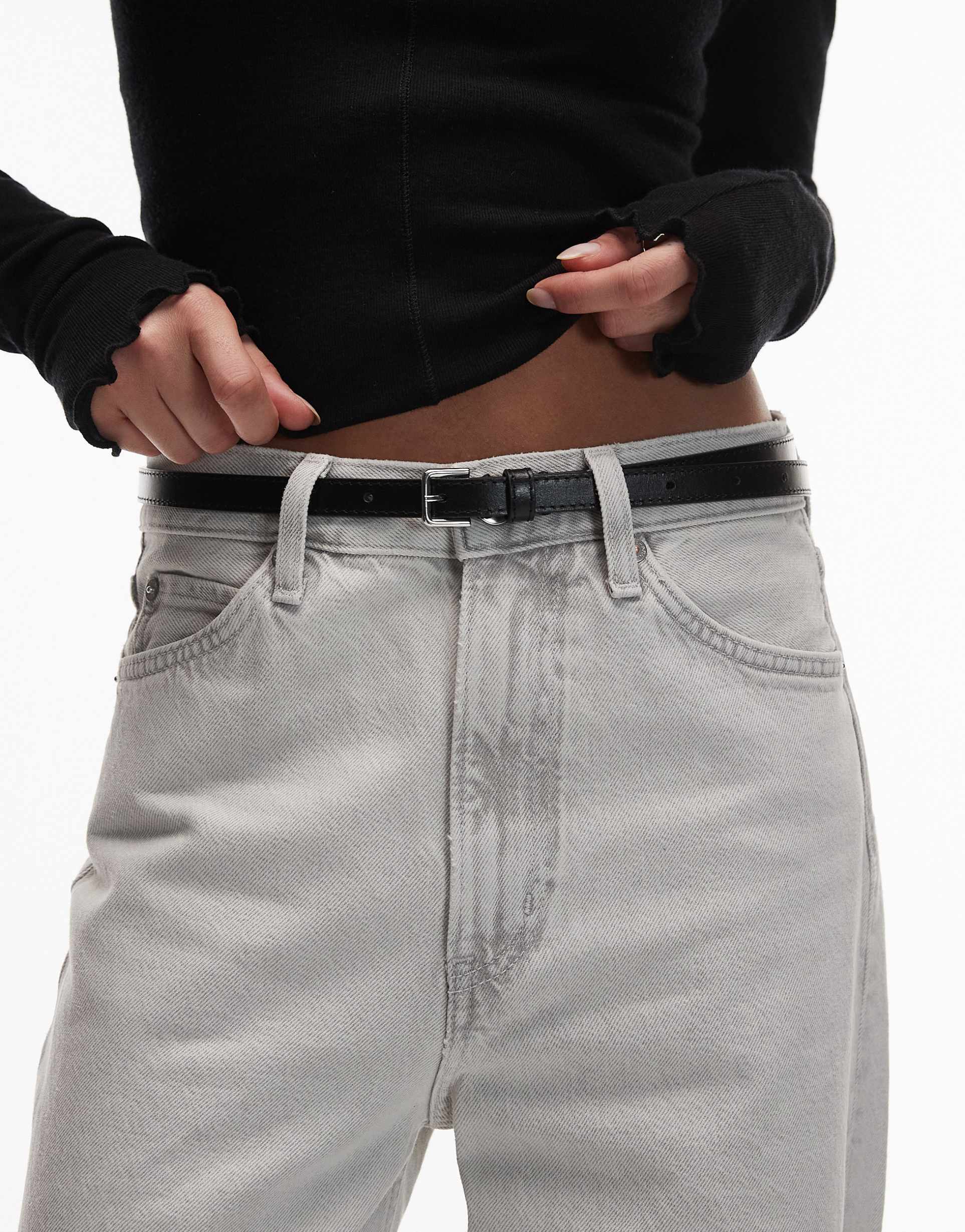 & other stories real leather thin square buckle belt in black