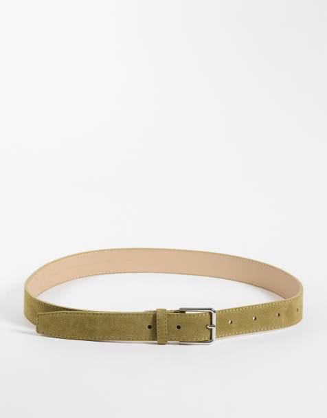 & Other Stories real leather thin square buckle belt in olive - view 1