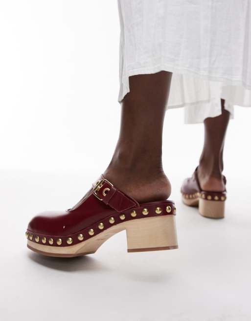 & Other Stories real leather wooden sole heeled clogs in dark red, 2 of 4