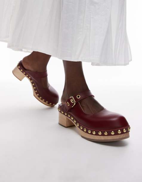 & Other Stories real leather wooden soled heeled clogs in dark red - view 1
