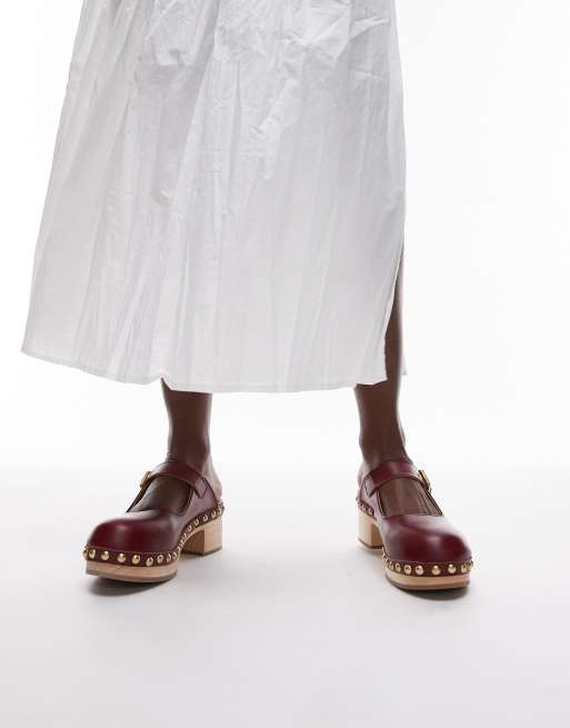 & Other Stories real leather wooden soled heeled clogs in dark red, 3 of 4