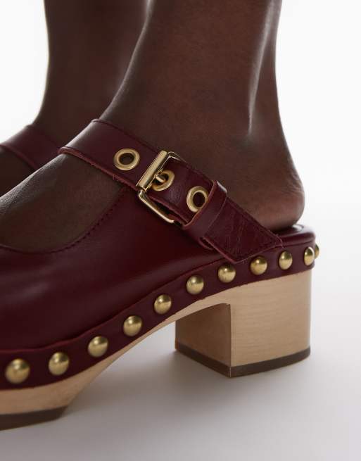 & Other Stories real leather wooden soled heeled clogs in dark red, 4 of 4