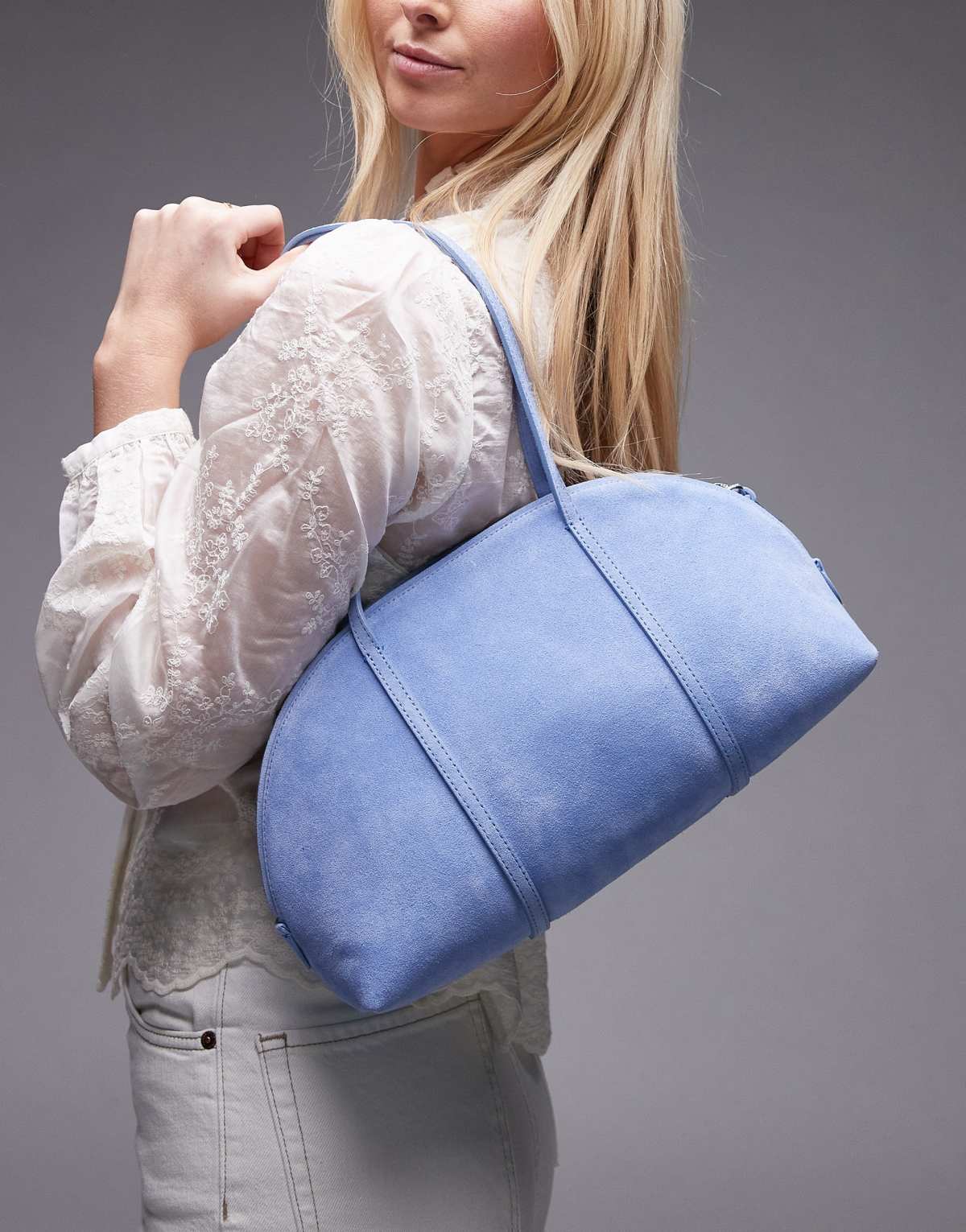 & Other Stories real suede two handle curve shoulder bag in blue