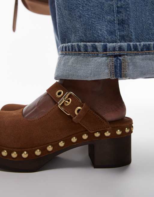 & Other Stories real suede wooden sole heeled clogs in cognac brown