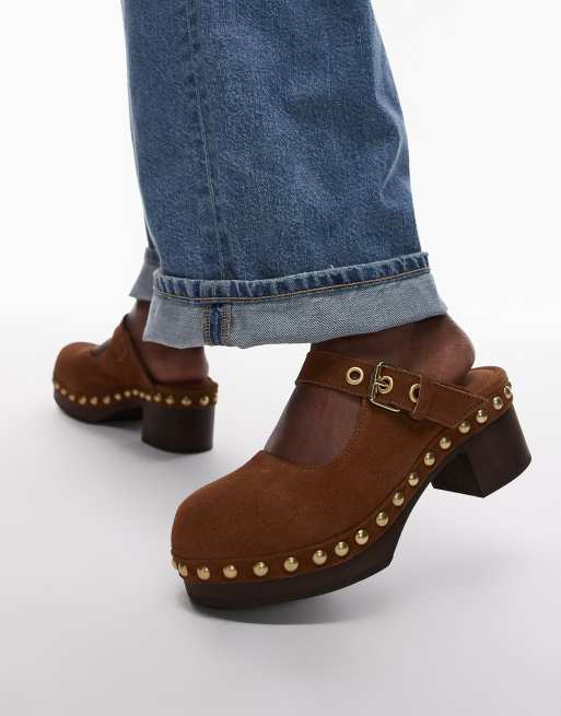 & Other Stories real suede wooden sole heeled clogs in cognac brown