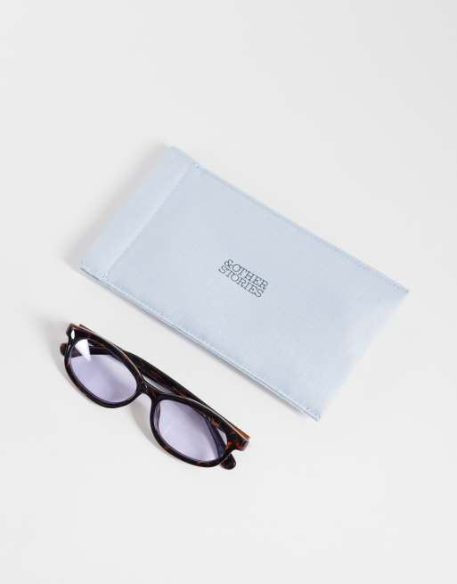 & Other Stories rectangle sunglasses in brown and blue tint lenses with linen pouch case, 2 of 3