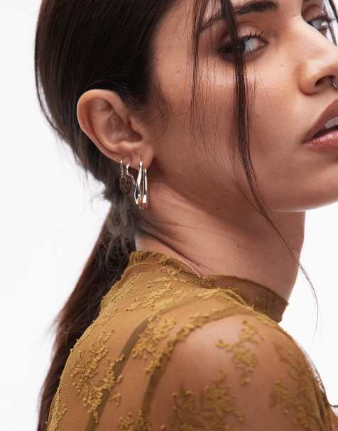 & Other Stories rectangle textured asymmetric long drapey hoop earrings in silver tone - view 1