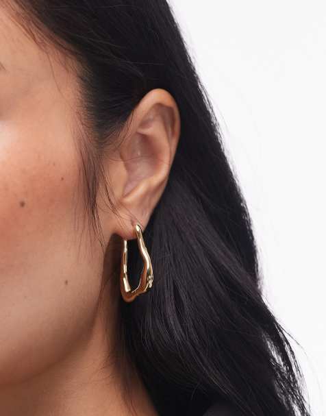 & Other Stories rectangle textured asymmetric long hoop earrings in gold - view 1