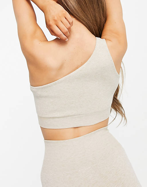  & Other Stories recycled co-ord assymetric ribbed yoga bra in beige melange 