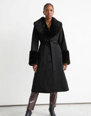 & Other Stories contrast faux fur belted coat in black