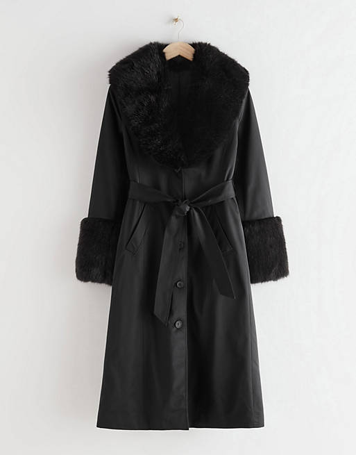 Coats & Jackets & Other Stories recycled contrast faux fur belted coat in black 