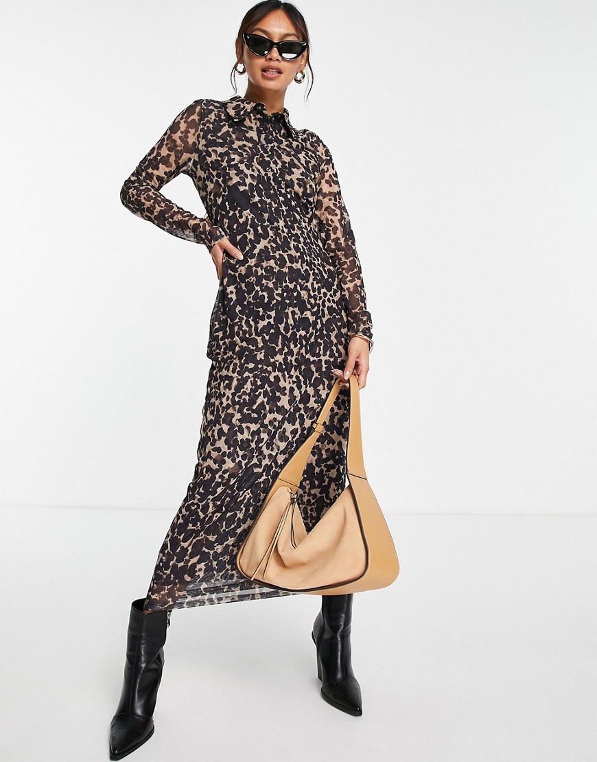 & Other Stories recycled mesh leopard print midi dress in brown