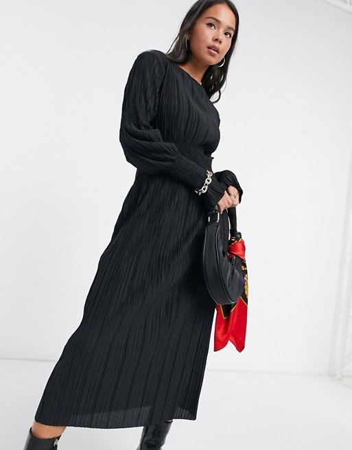 & Other Stories recycled plisse gathered midi dress in black