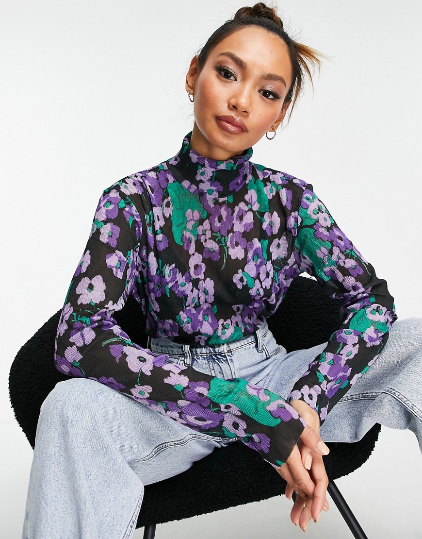 & Other Stories recycled polyester crinkle floral turtleneck in multi