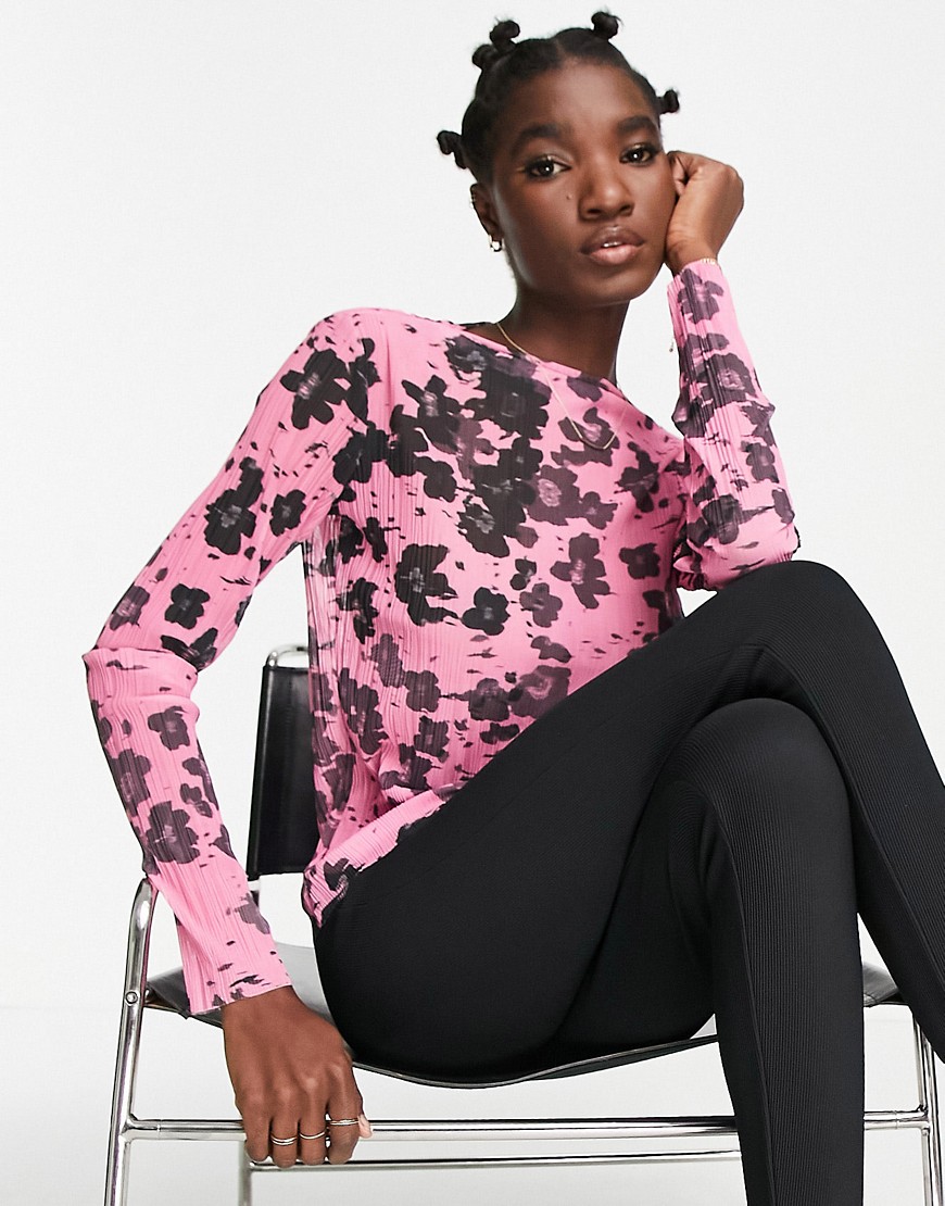 & Other Stories recycled polyester long sleeve mesh top in pink floral print