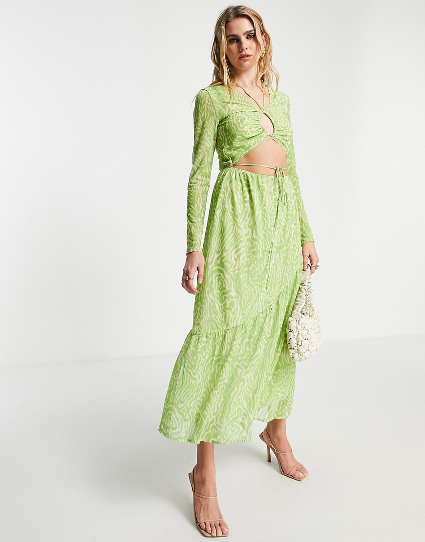 & Other Stories recycled polyester mesh cut out maxi dress in green zebra print-Multi