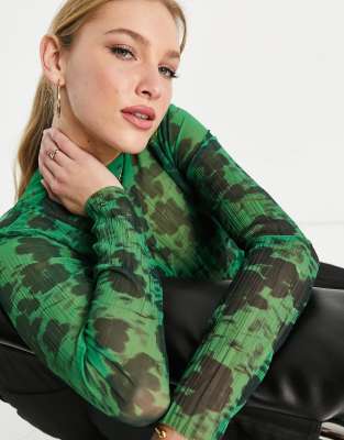 & Other Stories recycled polyester printed mesh long sleeve top in green