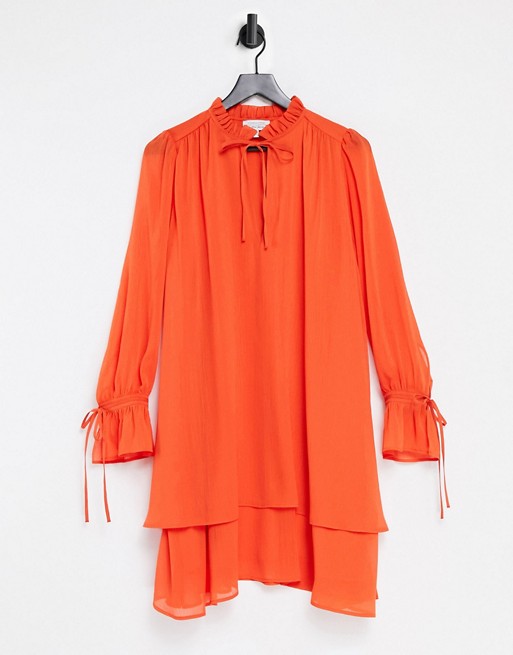 & Other Stories tie neck long sleeve mini dress in orange - RED