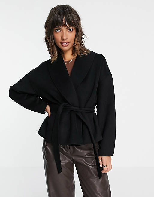 & Other Stories recycled wool cropped tie waist jacket in black