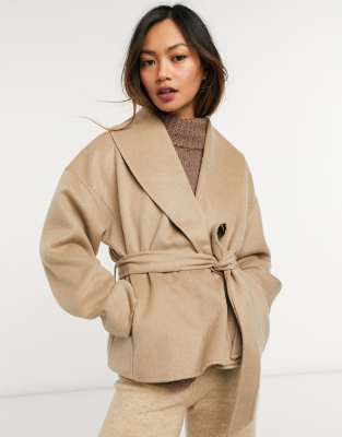 & Other Stories recycled wool cropped tie waist jacket in camel-Neutral