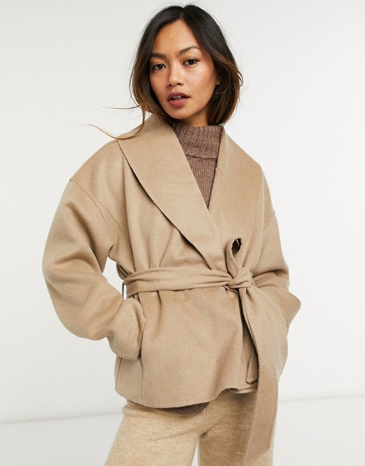 & Other Stories recycled wool cropped tie waist jacket in camel