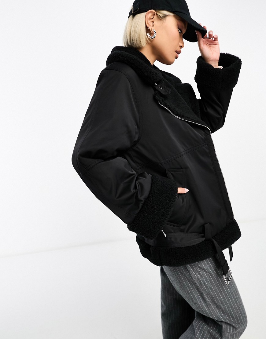 & Other Stories relaxed aviator jacket in black with faux shearling
