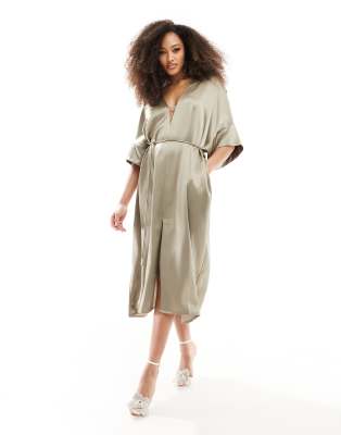 Other Stories Relaxed Belted Satin Midi Dress With Front Split In Brown