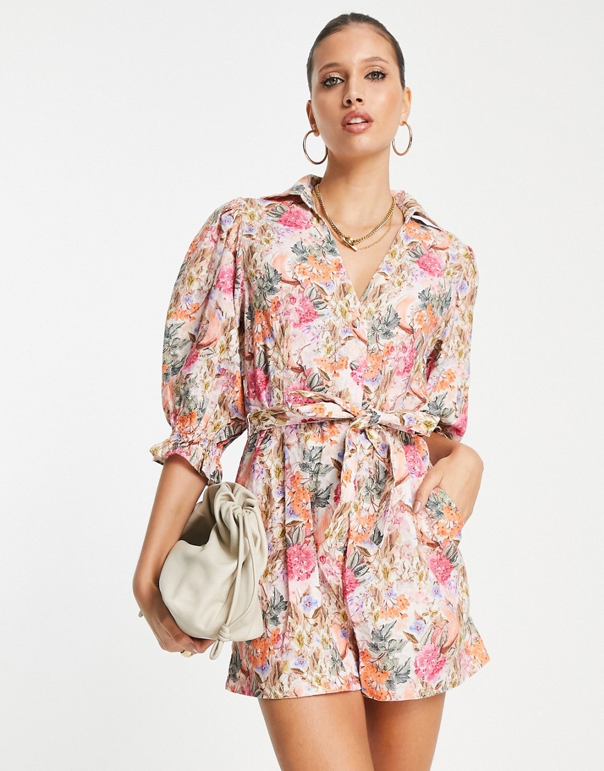 & Other Stories Relaxed Playsuit With Tie Waist And Puff Sleeves In Floral Linen-Multi