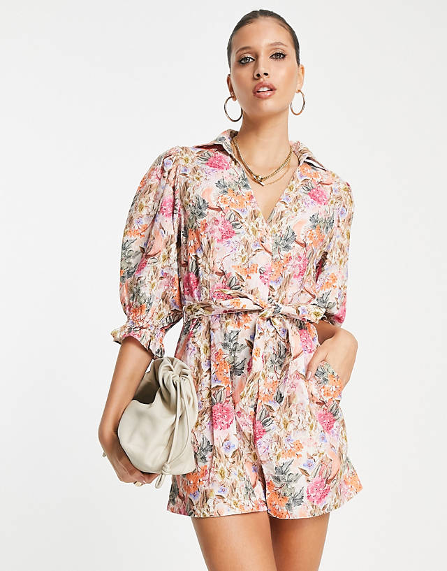 & Other Stories - relaxed playsuit with tie waist and puff sleeves in floral linen