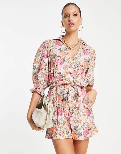 Casual Print Bandage Turn-back Collar Loose Rompers Casual Print Bandage Turn-back Collar Loose Rompers