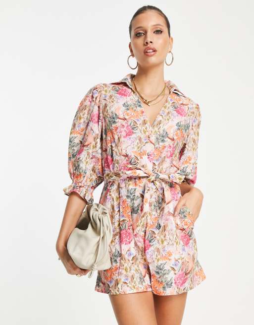 & Other Stories relaxed romper with tie waist and puff sleeves in floral linen