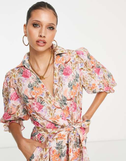  Other Stories relaxed romper with tie waist and puff sleeves in floral  linen