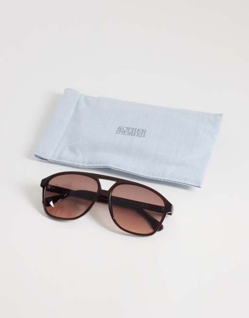 & Other Stories retro aviator sunglasses in dark brown with linen pouch case, 3 of 3