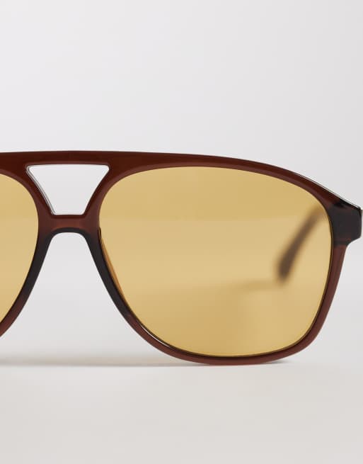 & Other Stories retro aviator sunglasses in dark yellow tint with linen pouch case, 2 of 3