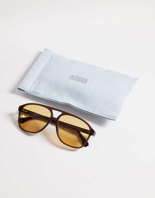 & Other Stories retro aviator sunglasses in dark yellow tint with linen pouch case, 3 of 3
