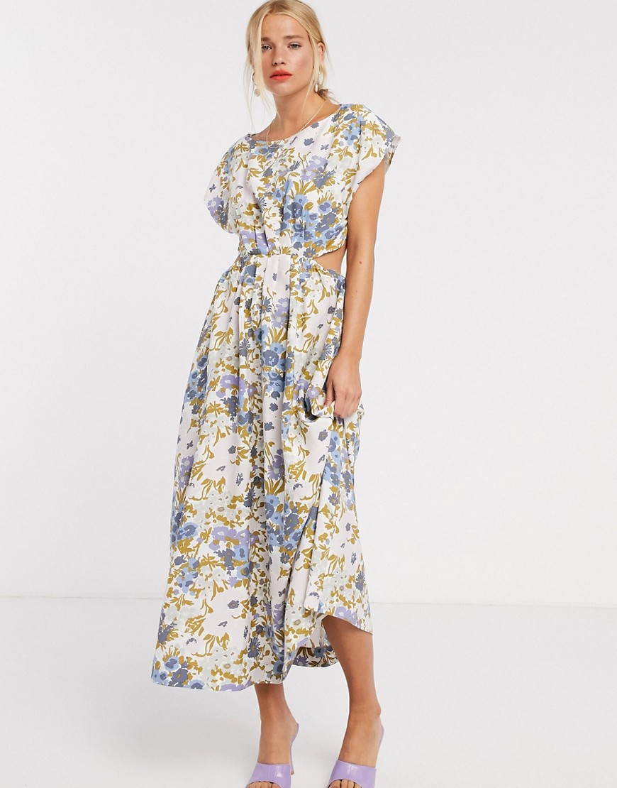 Other Stories &  Retro Floral Print Cut-out Detail Midi Dress In Multi-white
