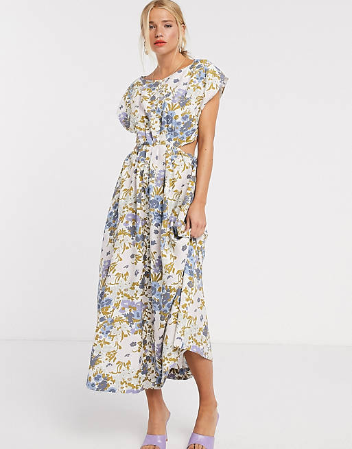 & Other Stories retro floral print cut-out detail midi dress in multi