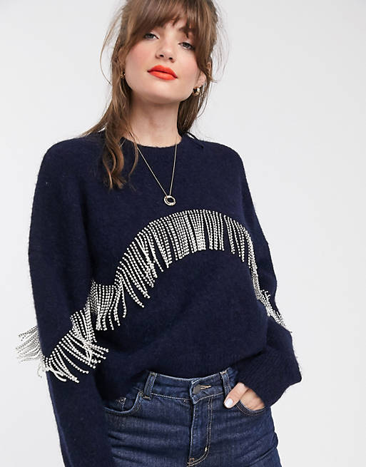 & Other Stories rhinestone fringe sweater in navy | ASOS
