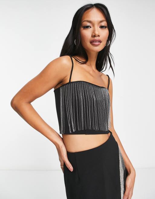 Black Crop Top with Rhinestone Fringes