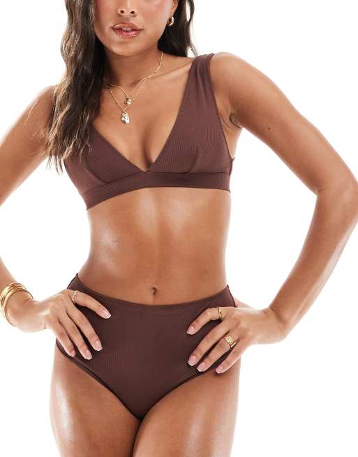 Other Stories rib high waist bikini bottom in dark brown