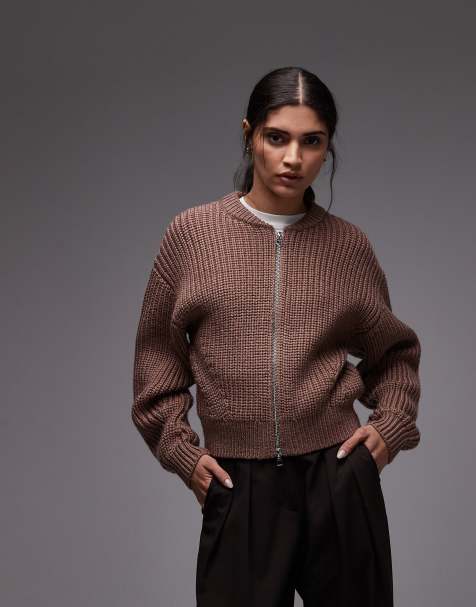 & Other Stories rib knit bomber cardigan with leather tab detail in dark brown - view 1