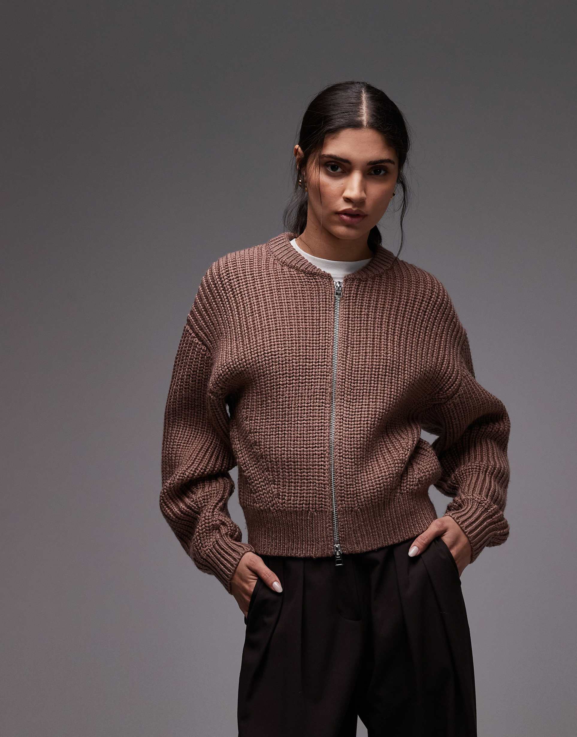 & other stories rib knit bomber cardigan with leather tab detail in dark brown