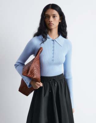 & Other Stories Rib Knit Fitted Polo Top With Mixed Fabric Collar In Blue