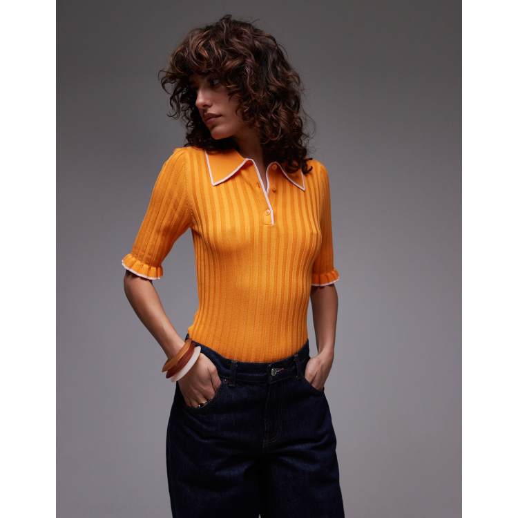 & Other Stories rib knit polo top with short sleeves in orange