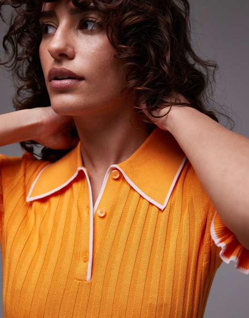 & Other Stories rib knit polo top with short sleeves in orange with contrast frill trim